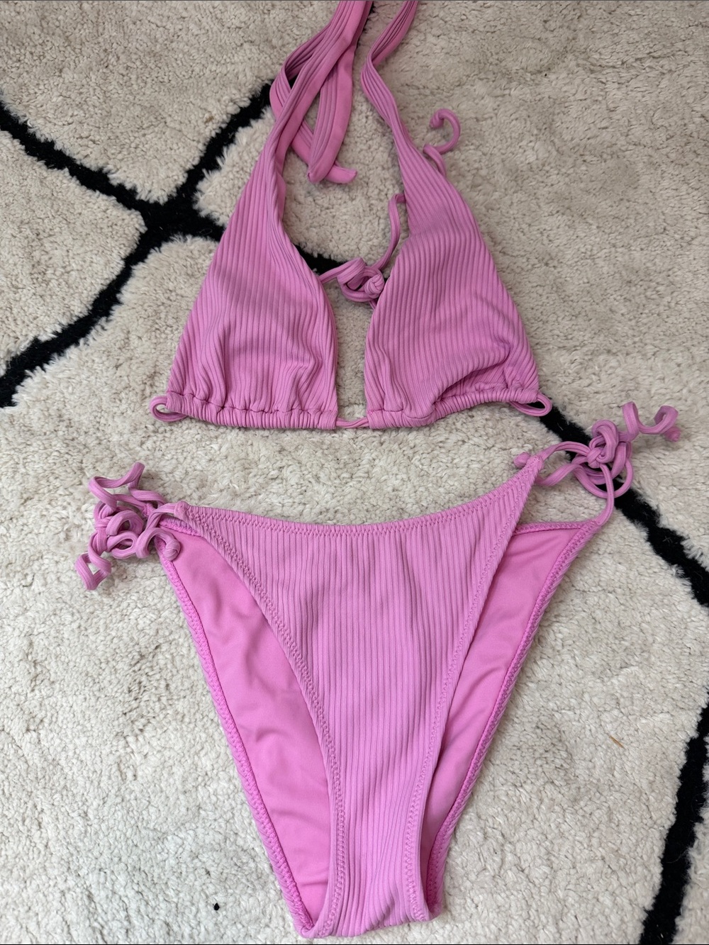 La Hearts Girls Light Pink Ribbed Halter Tie Bikini